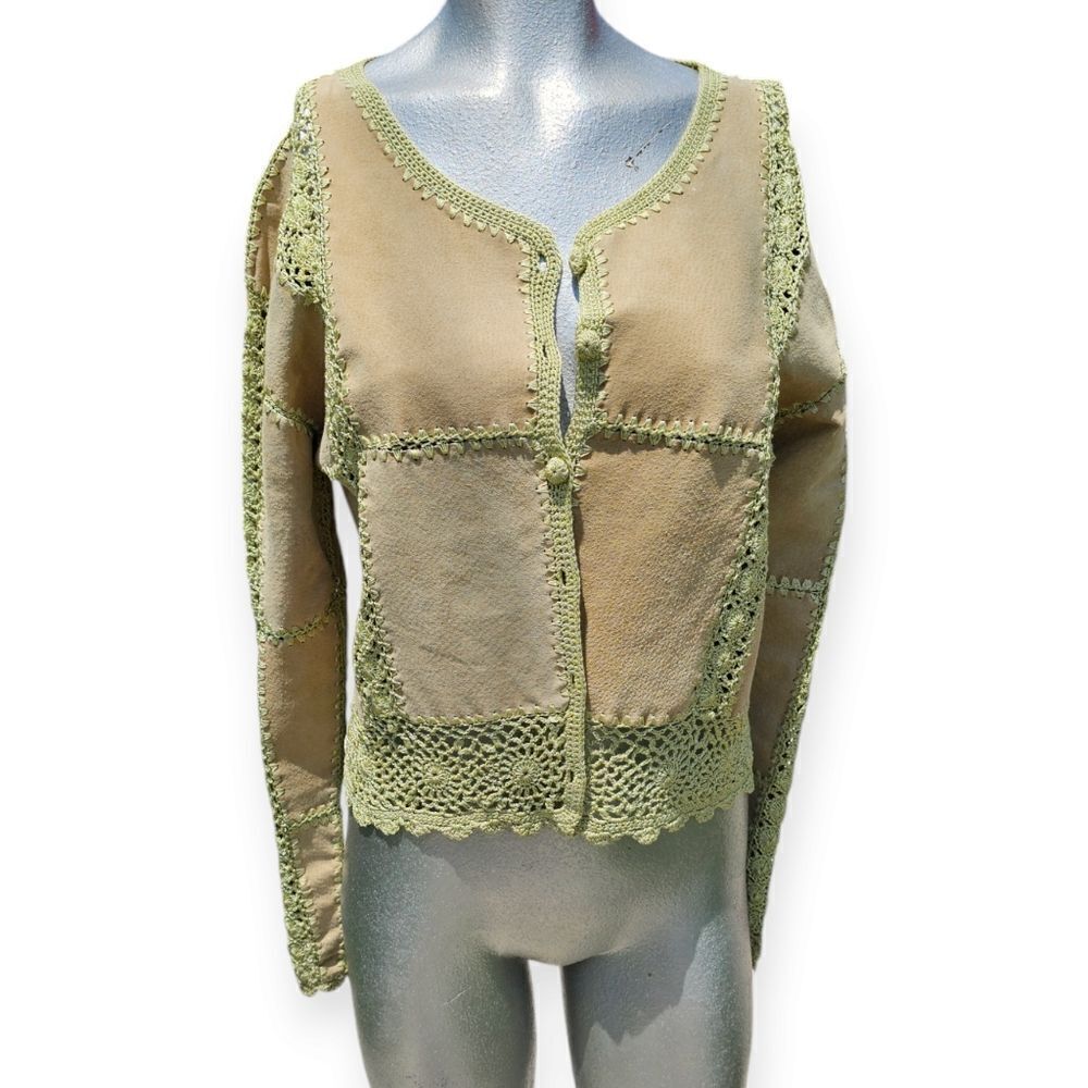 ✨ Vintage Leather Patchwork Cropped Jacket w/ Crochet Hem | EUC 🍃✨